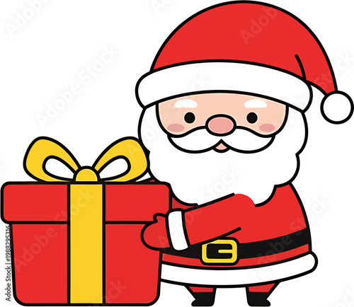 Cute cartoon Santa Claus holding a gift box, Christmas illustration