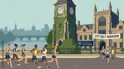 Oxford Half Marathon Runners Passing Iconic Clock Tower in An Illustrated Drawing