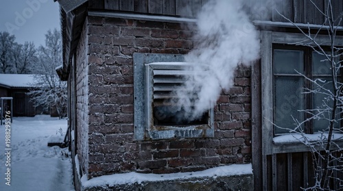 Winter Scene with Smoke Emitting from a Rustic House Vent