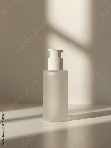 Mockup Frosted Skincare Pump Bottle with Dramatic Light and Shadow Minimal Style