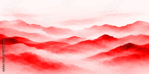 A breathtaking nature landscape of white and red clouds in a summer sunset sky captures a serene abstract atmosphere where sunlight meets the mountain horizon