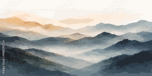 A misty morning sunrise illuminates the snowy Alps as fog and clouds drift over the blue mountain valley landscape