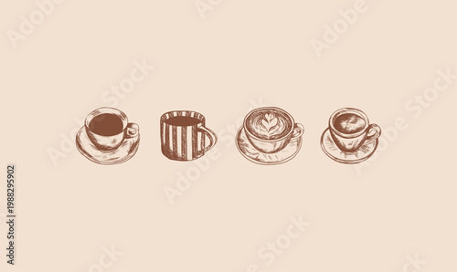 Set of coffee doodle illustrations. Poster with cups in frame. Filled coffee pot, croissant, hot coffee. Coffee and desserts doodle collection. For greeting cards, restaurant menu, poster design