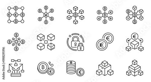 Blockchain Technology and Cryptocurrency Icons Set.