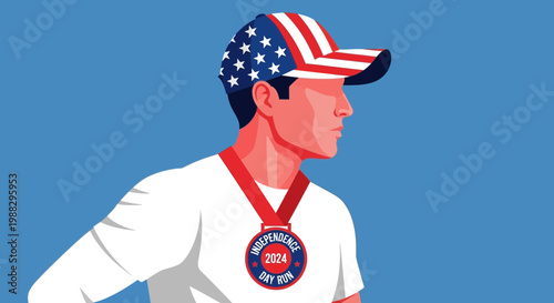 Patriotic Runner With Independence Day Medal And American Flag Cap