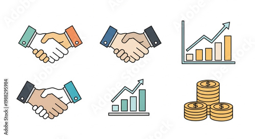 Business Partnership Agreement and Financial Growth Icons.