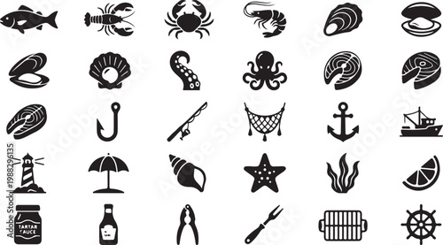 Black and white collection of marine life fish seafood and nautical symbols