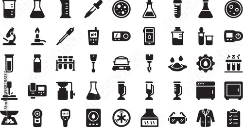 Black and white collection of laboratory equipment and scientific tools science