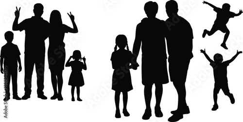 Black silhouette set of happy family members and playful children posing together with peace signs and jumping in joy for community lifestyle commercial design projects.