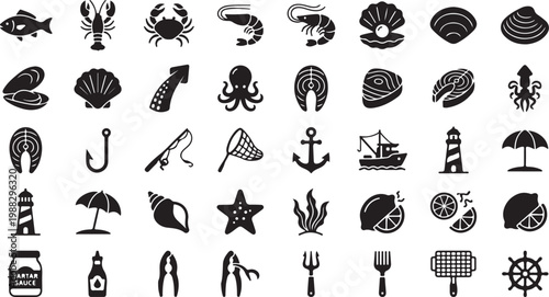 Black and white line of food and drink including fruits vegetables and condiments line food