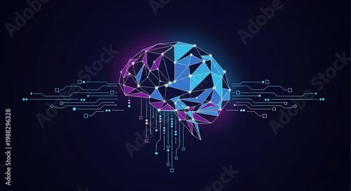 Abstract digital brain with glowing circuits and data streams.