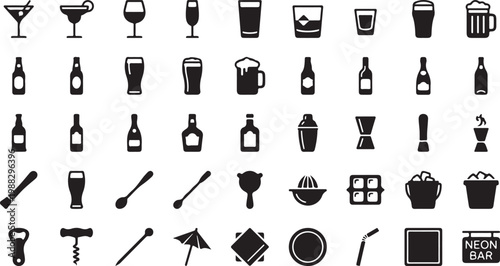 Black and white minimalist collection of household and tools including kitchenware utensils and neon bar sign