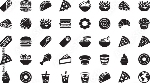 Black and white of various and symbols including food utensils and tools black white background kitchenware