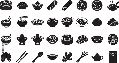 Black and white of various and symbols including food utensils kitchenware tools and office supplies