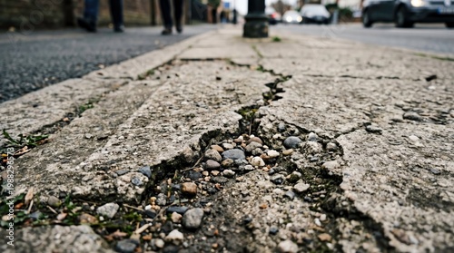 Cracked pavement with gravel and weeds in urban setting
