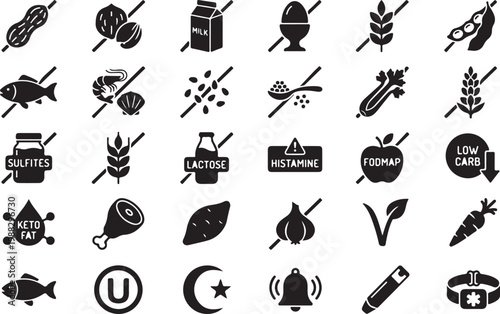 Black and white representing various dietary restrictions and food components black white background