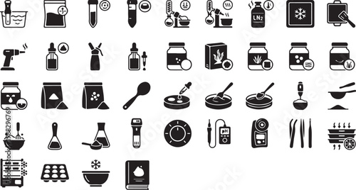 Collection of black and white depicting laboratory equipment and scientific tools science chemistry