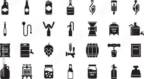 Hand drawn of brewing beer ingredients and equipment set
