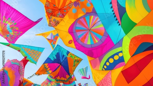 A vibrant array of colorful kites soar in a clear blue sky, filling the frame