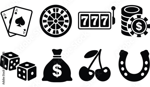 casino and gambling icons collection, black and white vector set, minimal monochrome symbols, poker chips cards dice roulette elements, clean line art style, isolated graphics, simple design