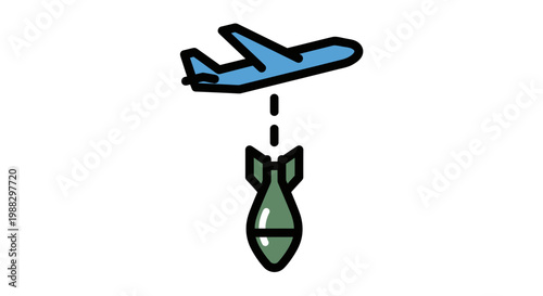 Military Airplane Dropping Bomb Vector Illustration, Flat Style War Aircraft Icon for Defense and Conflict Concepts