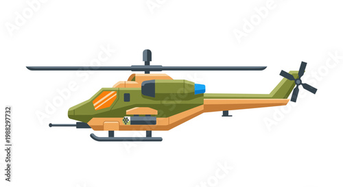 Military Attack Helicopter Vector Illustration, Combat Aircraft Flat Style Graphic, Armed Air Force Vehicle for Defense and Aviation Design Projects