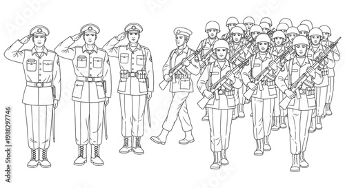 Military Soldiers Saluting and Marching in Formation Vector Illustration, Detailed Army Personnel Group in Uniform for Patriotic or Historical Commemoration Graphic Design