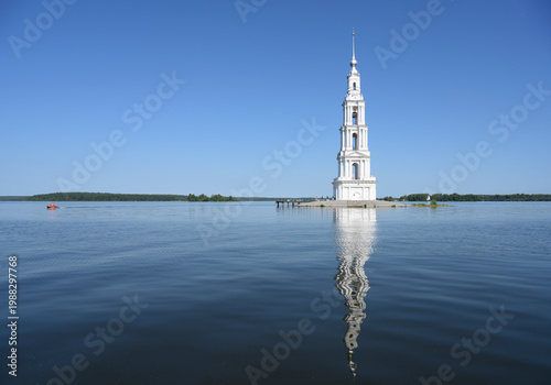 The bell tower of St. Nicholas Cathedral (built in 1800), which remained after the flooding of Kalyazin town by a reservoir on the Volga River
