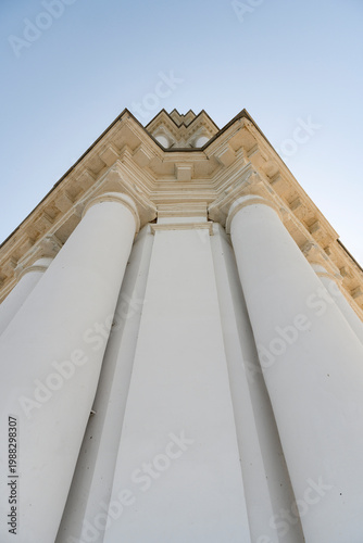 Bottom view of the columns of the 75-meter bell tower of St. Nicholas Cathedral (built in 1800) going up