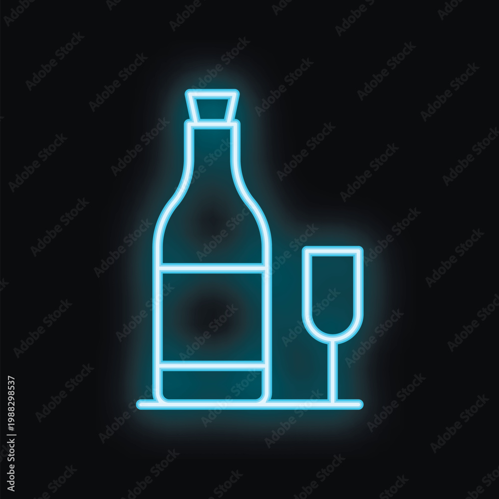 Fototapeta premium Blue neon sign depicting a bottle of wine and a glass, glowing on a black background
