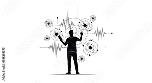Sound waves, audio signals, music concept, silhouette of a man, equalizer