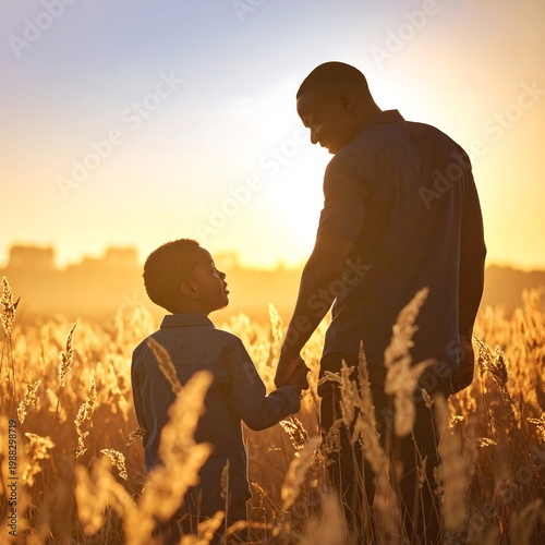 Father and son in wheat field.