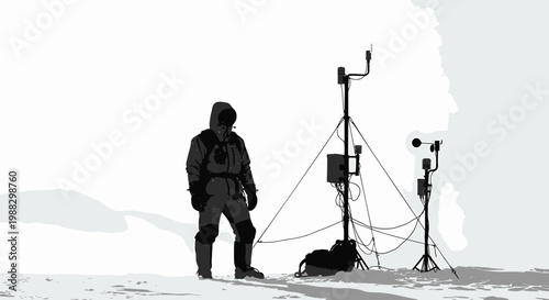 Weather station, climate research, meteorology equipment, snowy landscape, vector illustration