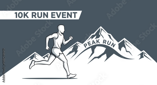 Peak Run Event: Athlete Silhouette Running Towards Mountain Peaks Imagery Design