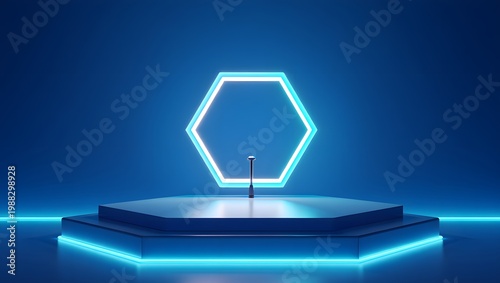 A futuristic neon-lit stage with a hexagonal light installation and a microphone