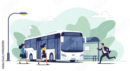 People Boarding And Departing Bus At Public Transit Stop During Commute, Illustration