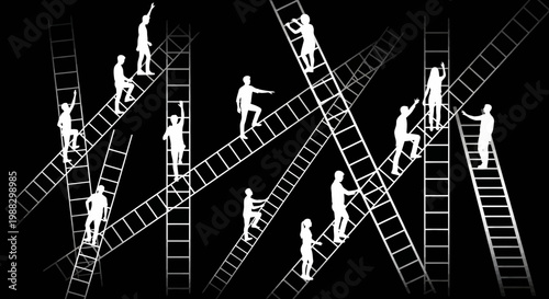 People Ascending Intersecting Ladders Towards Success in Abstract Monochrome Presentation Style