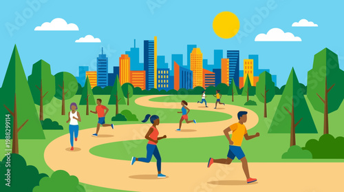 People Enjoying an Outdoor Run in the Park with a Cityscape Backdrop