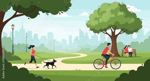 People Enjoying Leisure Activities in a Vibrant Park with Greenery and Skyline Backdrop