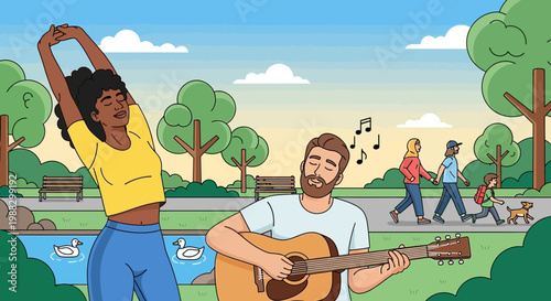 People Enjoying Leisure Activities In Park With Music And Peaceful Moments Together Forever