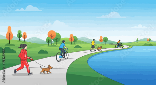 People Enjoying Leisure Activities Outdoors In Nature Near a Lake on a Beautiful Day