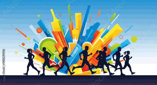 People Running In Silhouette: Abstract City And Fitness Motifs Displayed Vigorously