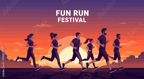 People Running In Silhouette During A Fun Run Festival With Sunset Backgrounds, Illustration