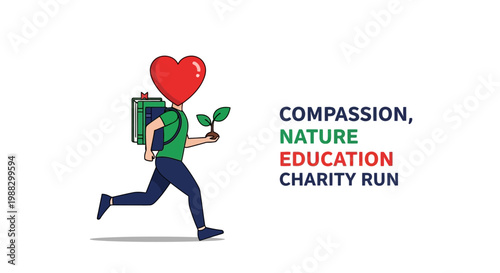Person Running With Heart Head Books And Plant Represents Compassion Education And Nature