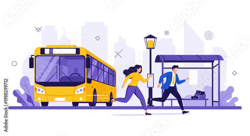People Rushing to Catch Bus in Urban Environment with Cityscapes Backdrop Illustration