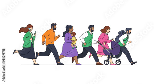 People Rushing Forward in a Line, Representing Hurry, Speed, and Modern Lifestyle