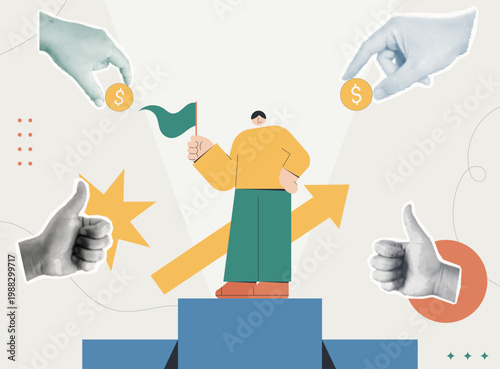 Trendy halftone collage of person standing on podium holding green flag surrounded by thumbs up hands, dollar coins, arrows, and star on light background, flat design concept for financial success and