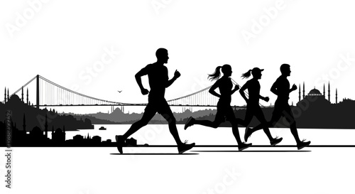 People Silhouetted Running Through A Cityscape In Black And White For Health And Fitness