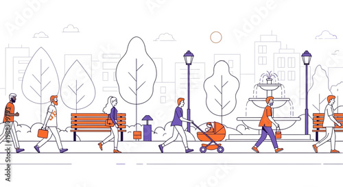 People Strolling In The Park With Line Art And Minimalistic Style Illustration