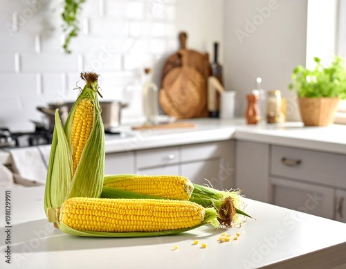 Fresh corn on a kitchen counter.